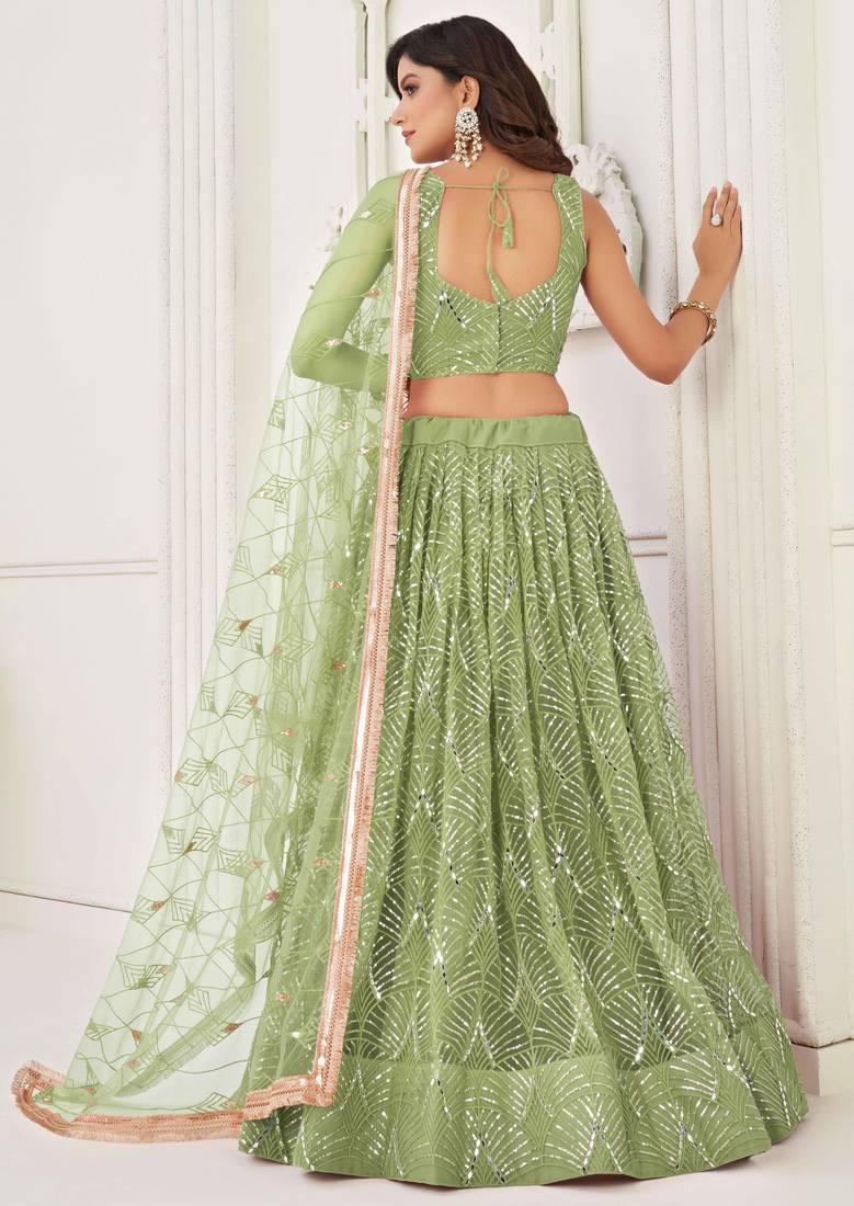 PISTA GREEN NET FABRIC LEHENGA CHOLI WITH SEQUINS AND THREAD EMBROIDERY WORK