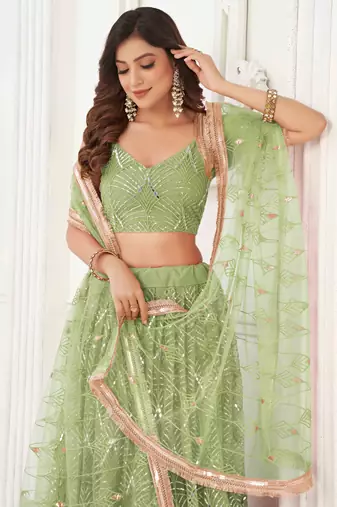 PISTA GREEN NET FABRIC LEHENGA CHOLI WITH SEQUINS AND THREAD EMBROIDERY WORK