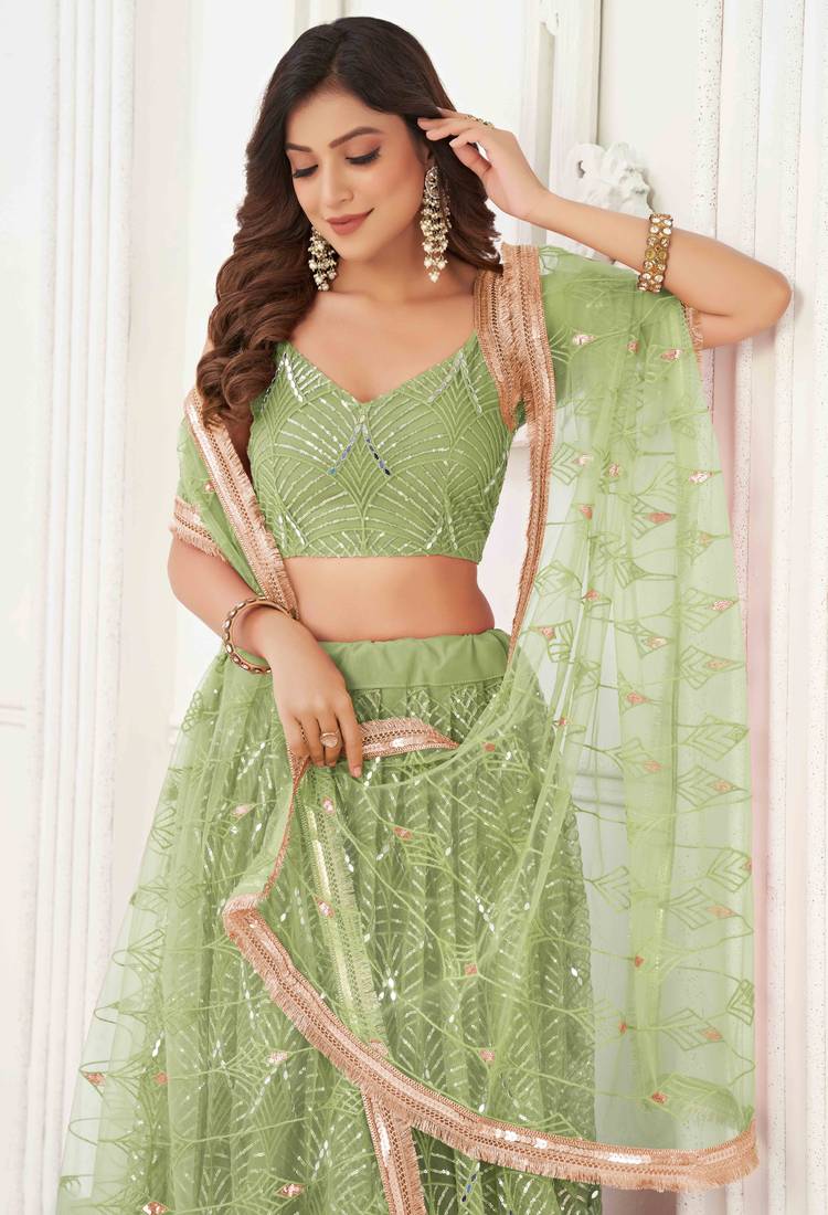 PISTA GREEN NET FABRIC LEHENGA CHOLI WITH SEQUINS AND THREAD EMBROIDERY WORK