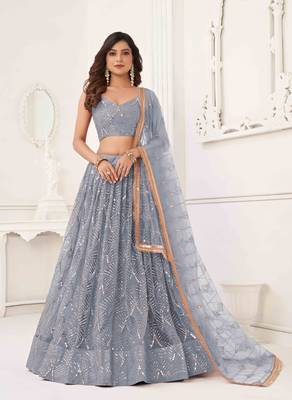 LIGHT GRAY NET FABRIC LEHENGA CHOLI WITH SEQUINS AND THREAD EMBROIDERY WORK 1