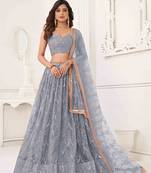 LIGHT GRAY NET FABRIC LEHENGA CHOLI WITH SEQUINS AND THREAD EMBROIDERY WORK