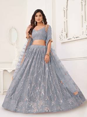 LIGHT GRAY NET FABRIC LEHENGA CHOLI WITH SEQUINS AND THREAD EMBROIDERY WORK 2