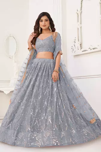 LIGHT GRAY NET FABRIC LEHENGA CHOLI WITH SEQUINS AND THREAD EMBROIDERY WORK