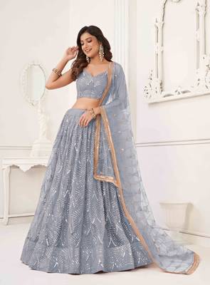 LIGHT GRAY NET FABRIC LEHENGA CHOLI WITH SEQUINS AND THREAD EMBROIDERY WORK 3