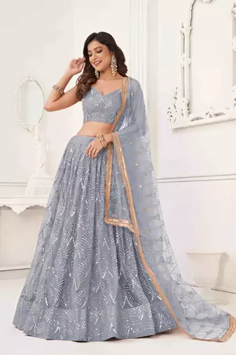 LIGHT GRAY NET FABRIC LEHENGA CHOLI WITH SEQUINS AND THREAD EMBROIDERY WORK