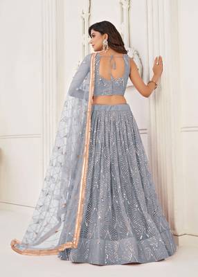LIGHT GRAY NET FABRIC LEHENGA CHOLI WITH SEQUINS AND THREAD EMBROIDERY WORK 4