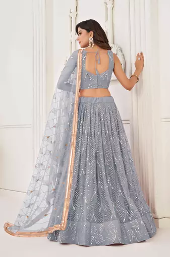 LIGHT GRAY NET FABRIC LEHENGA CHOLI WITH SEQUINS AND THREAD EMBROIDERY WORK