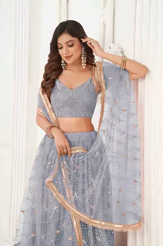 LIGHT GRAY NET FABRIC LEHENGA CHOLI WITH SEQUINS AND THREAD EMBROIDERY WORK