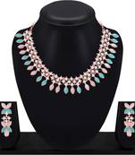 Rose gold plated mint pink & blue crystals ad diamond jewellery necklace set for women