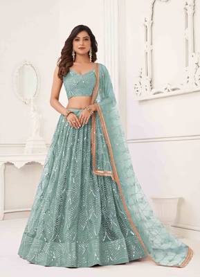 OCEAN BLUE NET FABRIC LEHENGA CHOLI WITH SEQUINS AND THREAD EMBROIDERY WORK 1