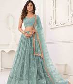 OCEAN BLUE NET FABRIC LEHENGA CHOLI WITH SEQUINS AND THREAD EMBROIDERY WORK
