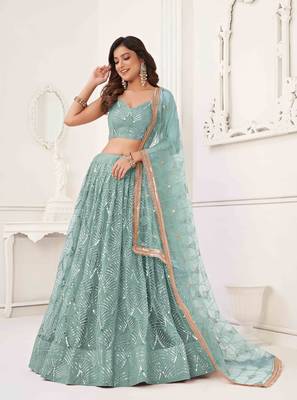 OCEAN BLUE NET FABRIC LEHENGA CHOLI WITH SEQUINS AND THREAD EMBROIDERY WORK 2