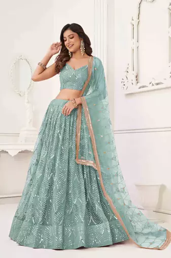 OCEAN BLUE NET FABRIC LEHENGA CHOLI WITH SEQUINS AND THREAD EMBROIDERY WORK