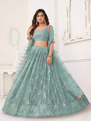 OCEAN BLUE NET FABRIC LEHENGA CHOLI WITH SEQUINS AND THREAD EMBROIDERY WORK 3