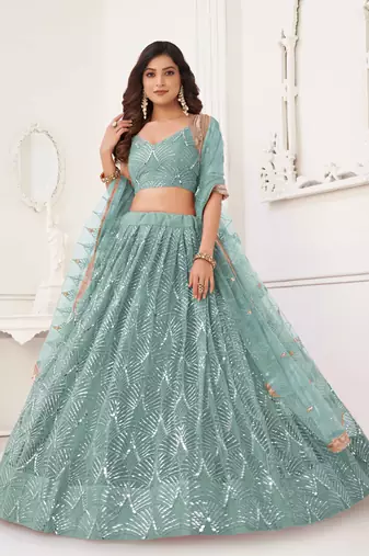 OCEAN BLUE NET FABRIC LEHENGA CHOLI WITH SEQUINS AND THREAD EMBROIDERY WORK