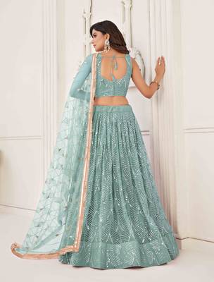 OCEAN BLUE NET FABRIC LEHENGA CHOLI WITH SEQUINS AND THREAD EMBROIDERY WORK 4