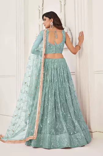 OCEAN BLUE NET FABRIC LEHENGA CHOLI WITH SEQUINS AND THREAD EMBROIDERY WORK