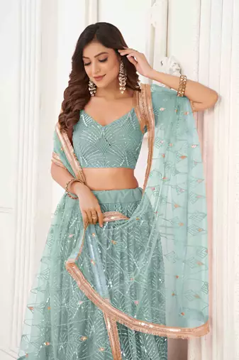 OCEAN BLUE NET FABRIC LEHENGA CHOLI WITH SEQUINS AND THREAD EMBROIDERY WORK