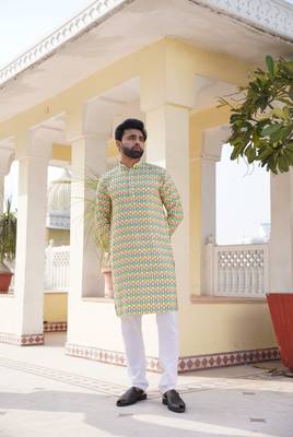 Aany's culture men's lemon green viscose mandarin collar full sleeve kurta with embroidery and digital print 1