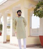 Aany's culture men's lemon green viscose mandarin collar full sleeve kurta with embroidery and digital print