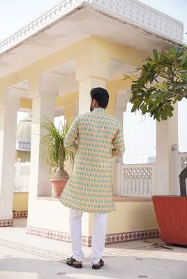 Aany's culture men's lemon green viscose mandarin collar full sleeve kurta with embroidery and digital print 2