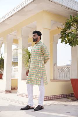 Aany's culture men's lemon green viscose mandarin collar full sleeve kurta with embroidery and digital print 3