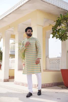 Aany's culture men's lemon green viscose mandarin collar full sleeve kurta with embroidery and digital print 4