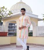 Aany's culture men's tricolor viscose embroidery with digital printed full sleeve mandarin collar kurta