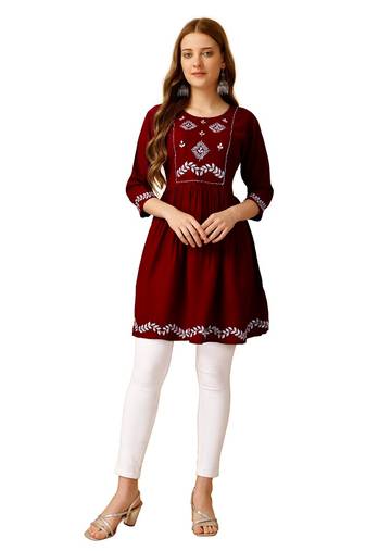 Maroon Embroidered Short Kurti