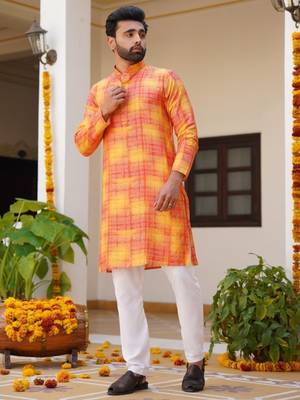 Aany's culture men's light red viscose full sleeve mandarin collar neck digital printed kurta 1