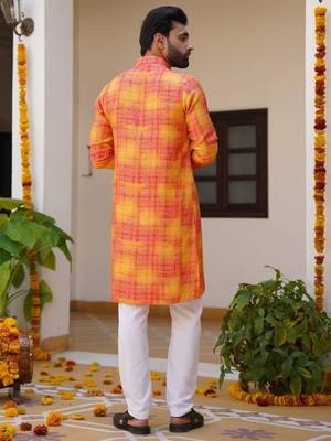 Aany's culture men's light red viscose full sleeve mandarin collar neck digital printed kurta 2
