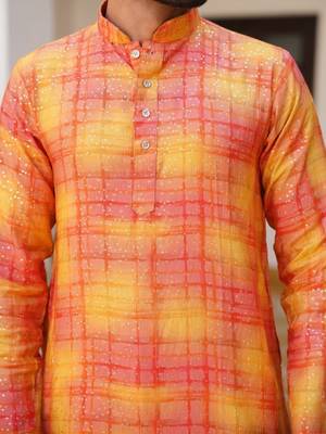 Aany's culture men's light red viscose full sleeve mandarin collar neck digital printed kurta 3
