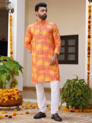Aany's culture men's light red viscose full sleeve mandarin collar neck digital printed kurta 4