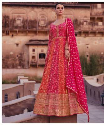 Pink real georgette floor length semi stitched wedding gown 1