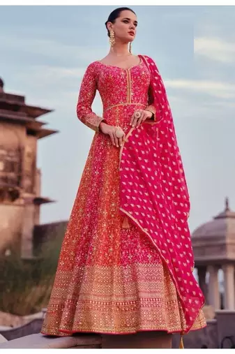 Pink real georgette floor length semi stitched wedding gown