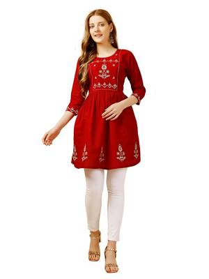 Red Embroidered Short Kurti 1