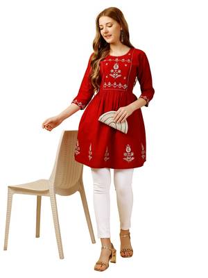 Red Embroidered Short Kurti 5