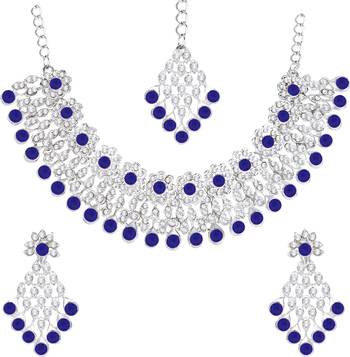 Silver plated royal blue crystals ad diamond necklace set with earrings and maang tikka 1