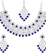 Silver plated royal blue crystals ad diamond necklace set with earrings and maang tikka