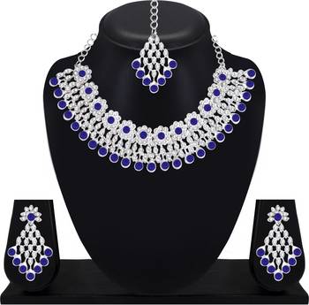 Silver plated royal blue crystals ad diamond necklace set with earrings and maang tikka 2