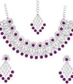 Silver plated purple crystals ad diamond necklace set with earrings and maang tikka
