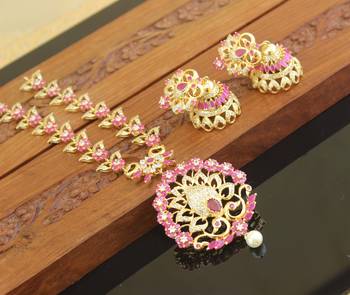 Elegant gold plated ruby peacock necklace set 2