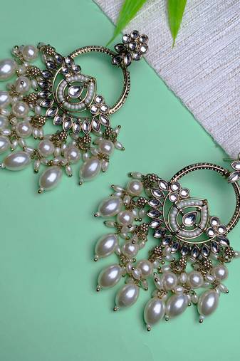 traditional kundan pearl chandbali dangle earrings (e3221) (white)
