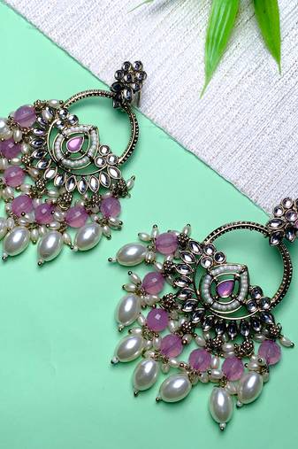 traditional kundan pearl chandbali dangle earrings (e3221) (purple)