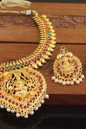 Designer gold plated temple necklace set