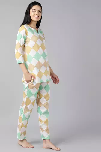 white color checked cotton styles night suits