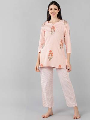 peach color checked cotton styles night suits 1