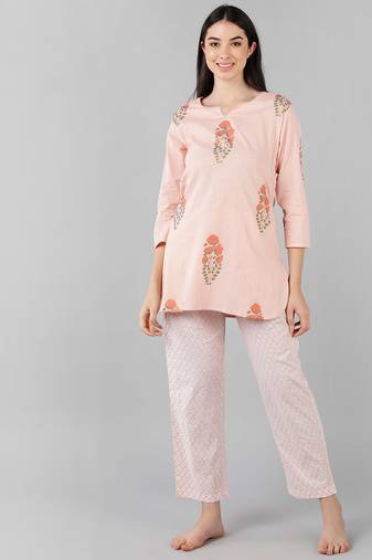 peach color checked cotton styles night suits
