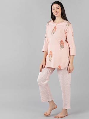 peach color checked cotton styles night suits 3