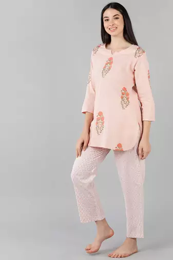 peach color checked cotton styles night suits